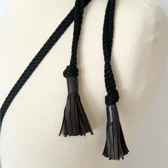 Yves Saint Laurent Vintage Brown Leather Studded Fringe Black Tie Handbag - Picture 10 of 15